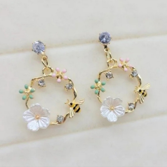 Eye Pop Supply Other - Sweet Honeybee Cherry Blossom Dangle Hoop Earrings, dainty, gold and 925 silver